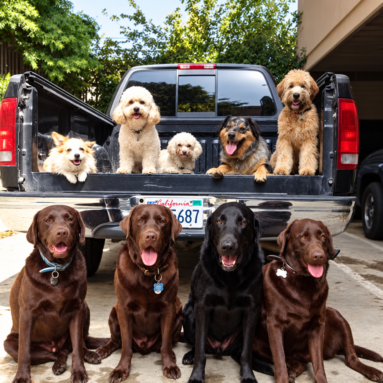 Dogs gathered around a vintage pickup truck